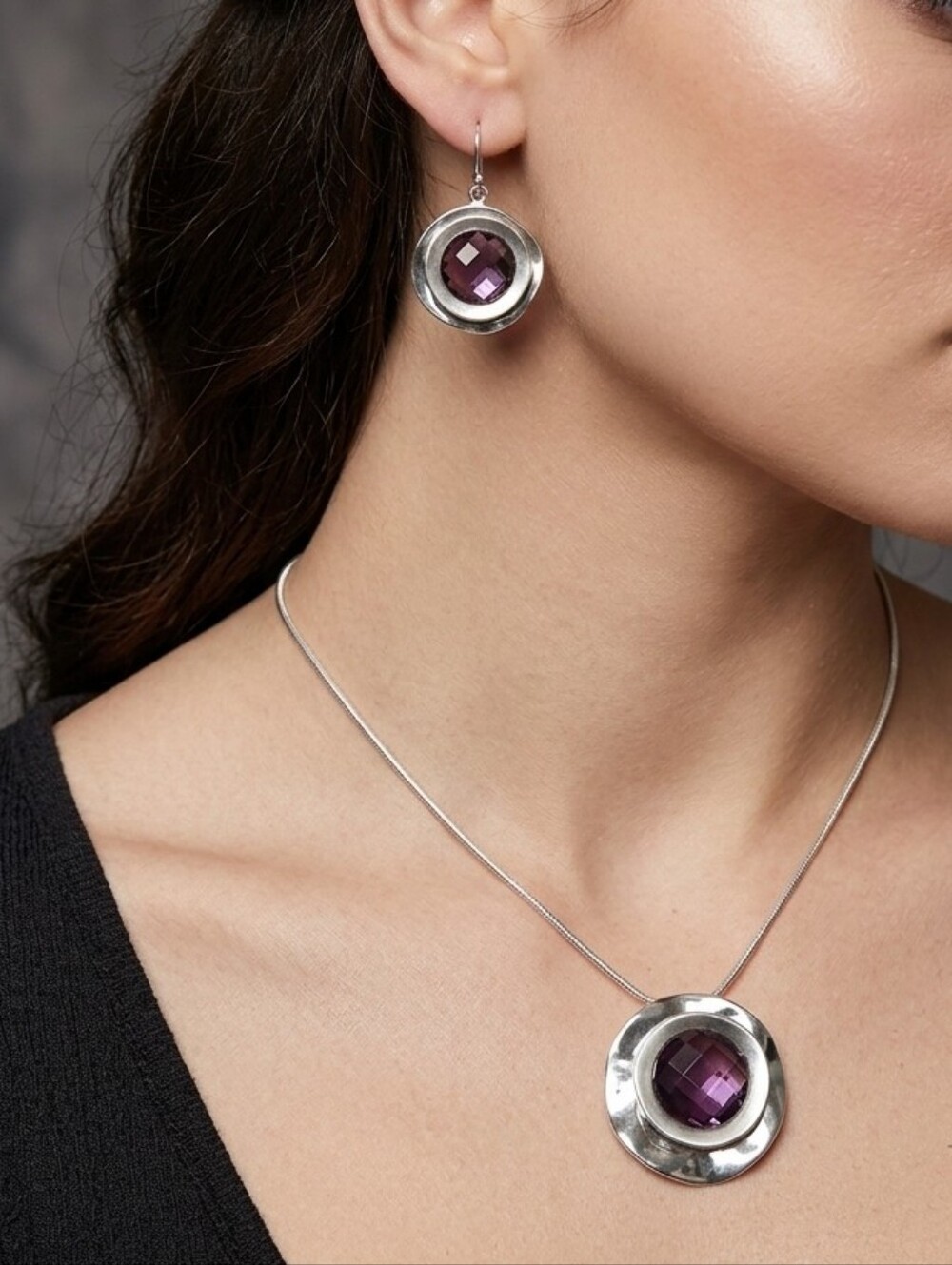 Vintage Silver Tone Purple Rhinestone Necklace & Drop Earring Set Perfect